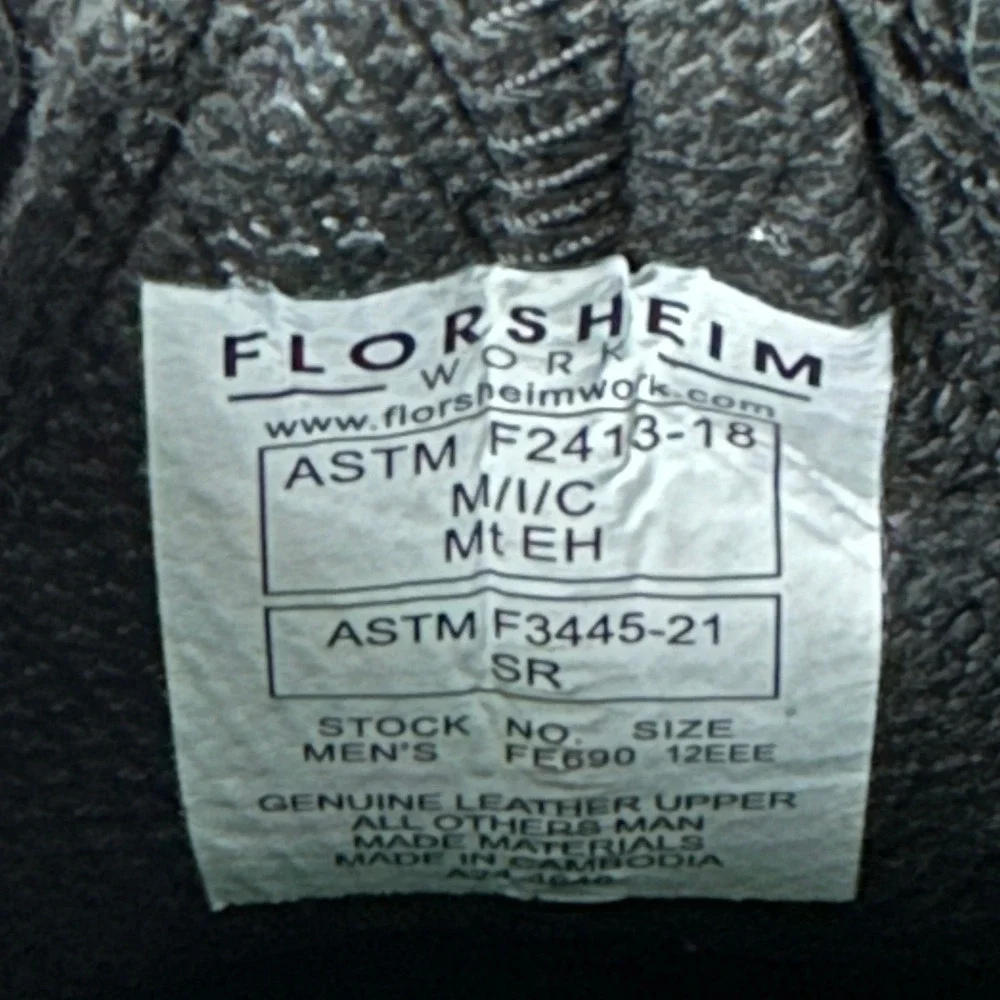 Florsheim Hercules Work Boots‎ Black Leather Steel Toe Met Guard / Mens 12 EEE